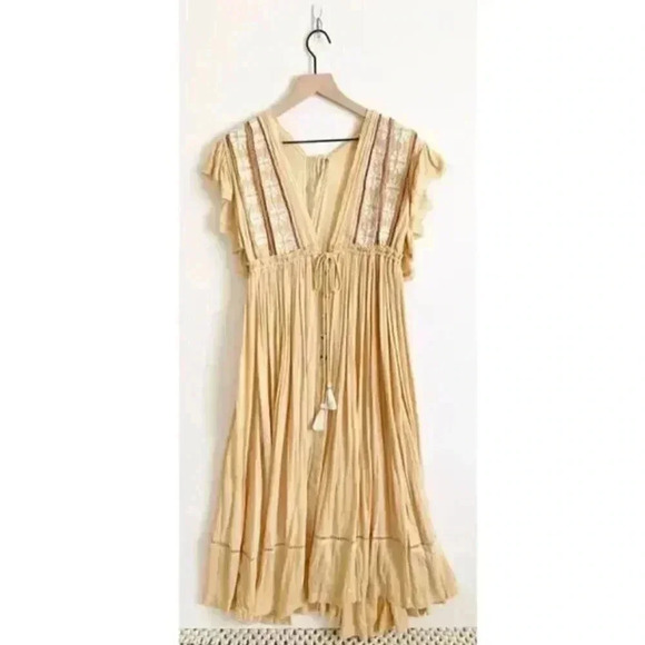 Free People Embroidered Tassel V-Neck Midi Dress Ruffle Sleeve Yellow Size S - Picture 5 of 10
